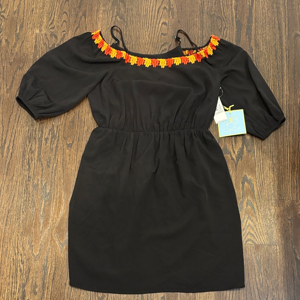 CeCe Women’s Black Dress with Orange and Yellow Embroidery Size 0